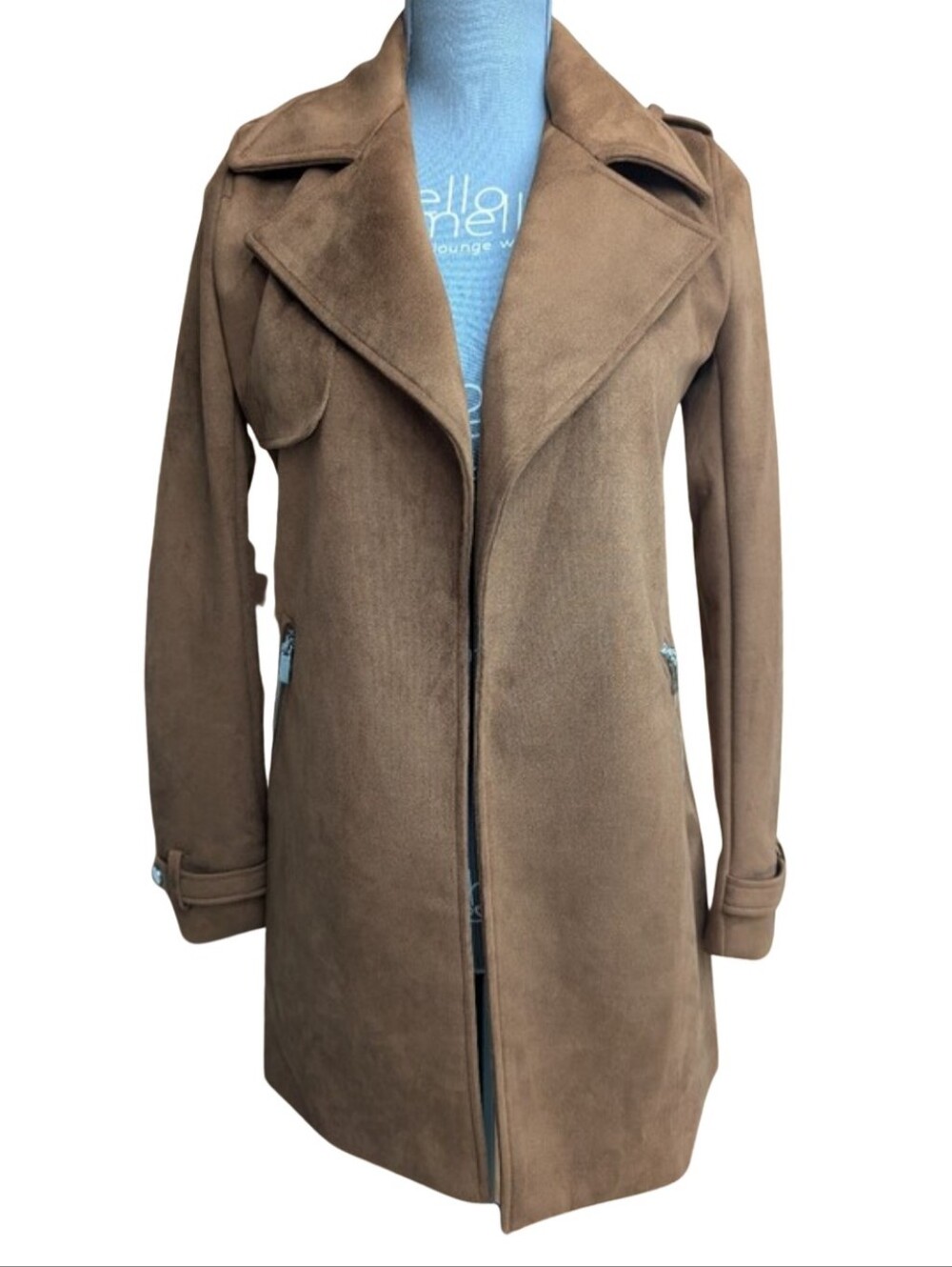 Magaschoni Faux Suede Trench Coat Cafe Mocha Brown Jacket Small XS